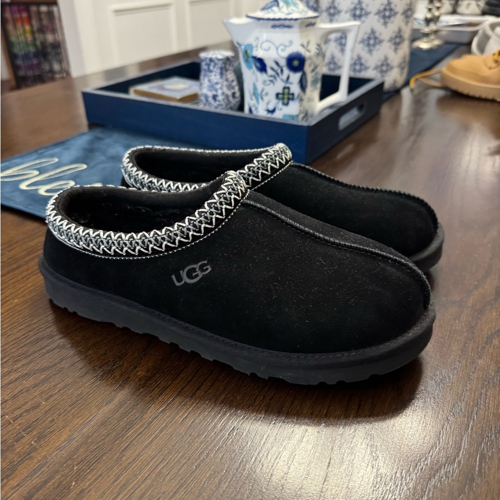 UGG Tasman Black Slippers with White Stitching